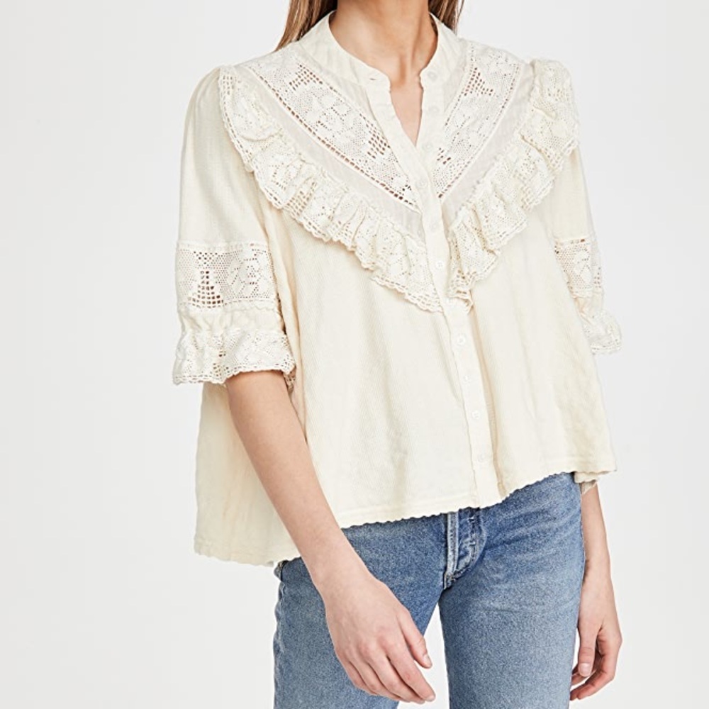 🅢🅐🅛🅔 Free People Walk In the Park Grey Blouse 👚 Ruffled Top Puff sleeve - Picture 2 of 11